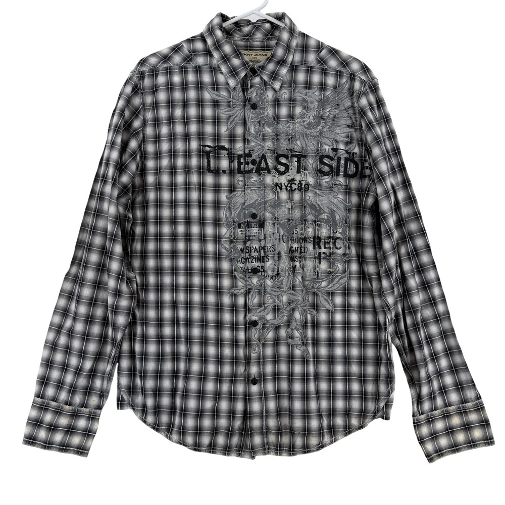 DKNY JEANS Shirt Mens Large Gray Plaid LS Button Up Graphic Embroidered Bird Y2K
